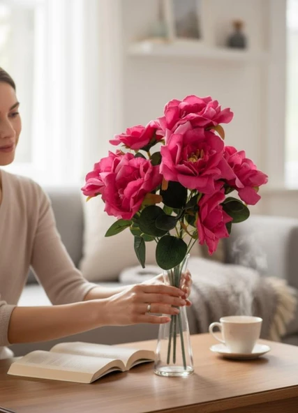 Yapay Çiçek Fuşya 10lu Gül Demeti 40*30cm - Resim 6