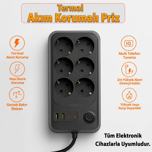 Akım Korumalı Topraklı Golyat Grup Şarj Fiş Priz 6 Prizli 4 USB Girişli 2 Metre Uzatma Kablosu - 2