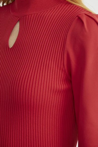 Dik Yaka Balon Kol Triko Kazak - Kırmızı - Resim 4