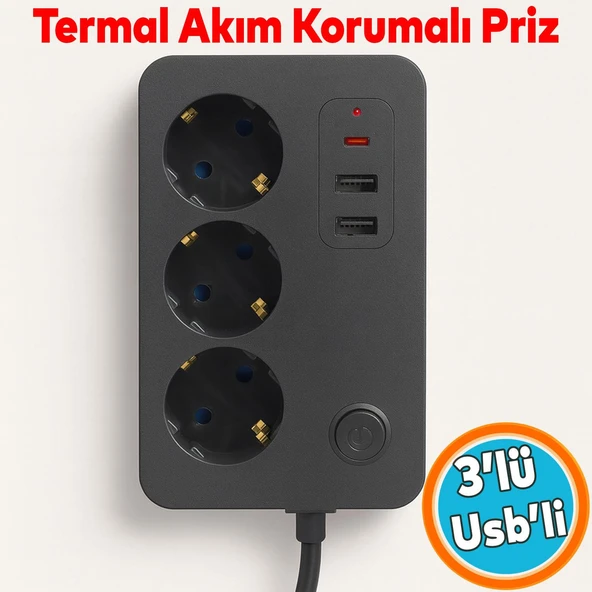 Çocuk Akım Korumalı Topraklı Golyat Grup Şarj Fiş Priz 3 Prizli 3 USB Girişli 2 Metre Uzatma Kablosu ürün görseli