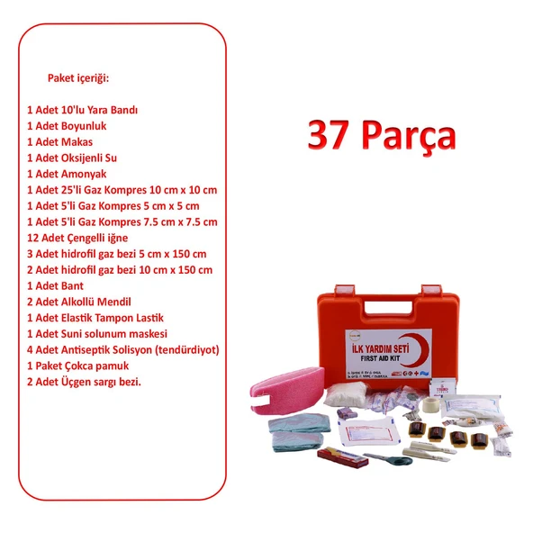37 Parça İlk Yardım Çantası Hayati Acil Müdahele Seti Oto Ecza Dolabı Kiti Kaza Yara Yaralanma Band - Resim 4