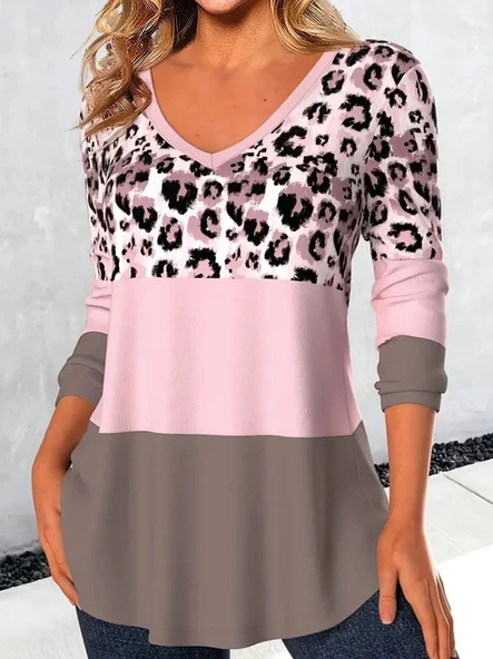 Kadın Uzun Kollu V Yakalı Leopar Baskılı şardonlu Dalgıç Bluz - Resim 3