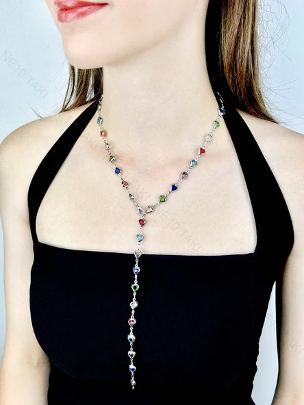 Y Kolye, Taşlı, Çok Renkli, Kalpli, Kolye 433, Kasa Gümüş Renk - 3