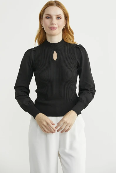 Dik Yaka Balon Kol Triko Kazak - Siyah ürün görseli