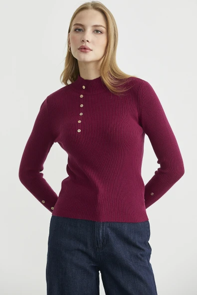 Fitilli Dik Yaka Basic Triko Kazak - Bordo - Resim 2