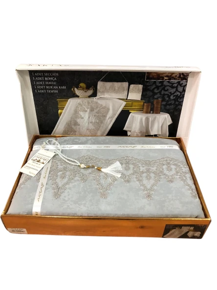 Aktaş Gri Fransız Dantelli Lüx Seccade Takımı 5 Parça Çeyizlik Bohça Gelin Seti