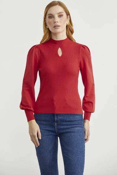 Dik Yaka Balon Kol Triko Kazak - Kırmızı - Resim 2