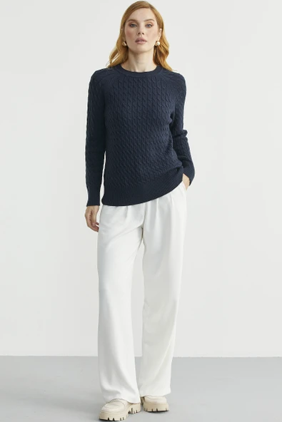 Saç Örgü Motifli Yuvarlak Yaka Triko Kazak - Lacivert - Resim 3