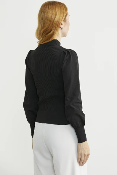 Dik Yaka Balon Kol Triko Kazak - Siyah - Resim 5