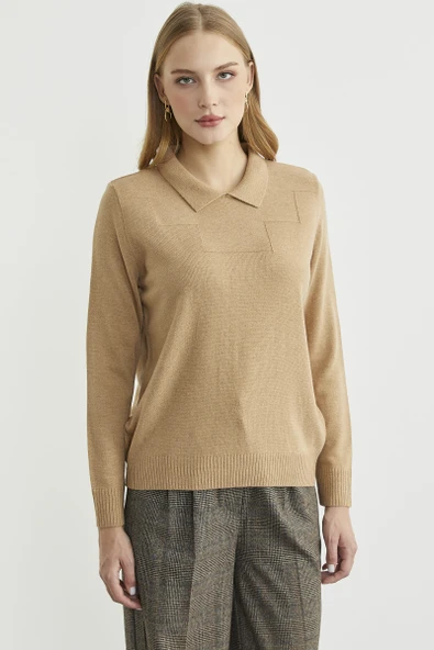 Bebe Yaka Yünlü Triko Kazak - Kamel - Resim 5