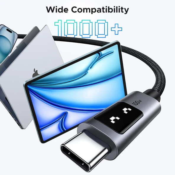 UGREEN Uno USB-C 100W 5A QC PD Örgülü Hızlı Şarj Kablosu, 1 Metre, Siyah, 35501 - Resim 4