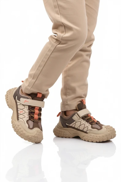 Marcokids Bej Cırtlı Kaymaz Hafif Esnek Erkek Çocuk Spor Ayakkabı 22676 F