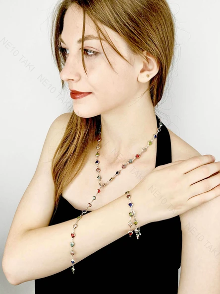 Set, Zirkon Taşlı, Kararmayan Çelik, Kolye ve Bileklik, Y Model, Kalp Detaylı, Gümüş Renk, Model62 ürün görseli