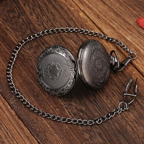 Siyah Oymalı Desenli Lüx Zincirli Köstekli Cep Saati - Resim 4