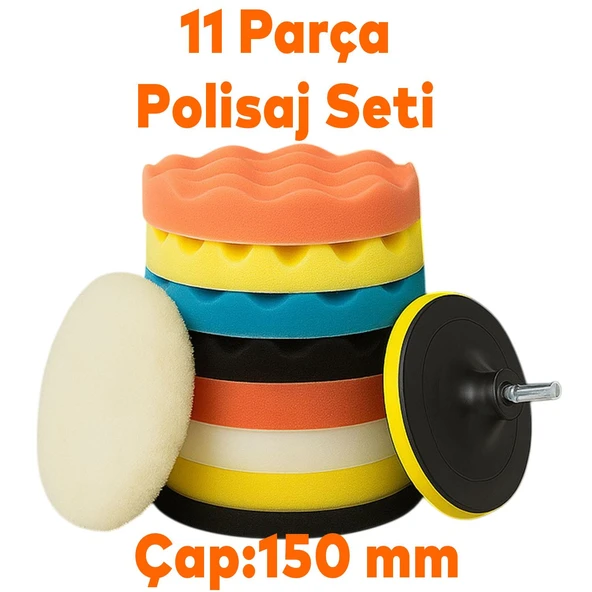 Polisaj Süngeri Seti Büyük Boy 11 Parça 150mm Matkap Uyumlu Oto Seramik Wax Pasta Cila Parlatma Pedi