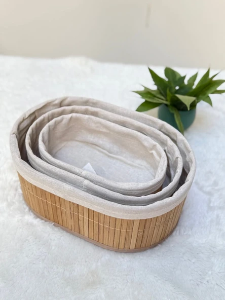 Bambu 3 Lü Sepet Seti Banyo Sepeti Mutfak Sepeti Doğal Astarlı Kozmetik Dolap İçi Çok Amaçlı Düzenleyici