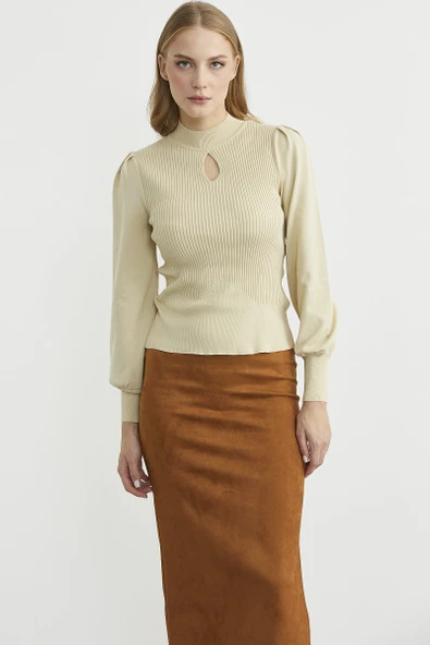 Dik Yaka Balon Kol Triko Kazak - Krem - Resim 2