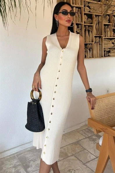 Önü Düğmeli Fitilli Kolsuz Elbise 2832 - Resim 7