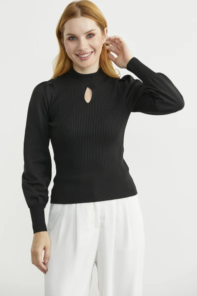 Dik Yaka Balon Kol Triko Kazak - Siyah - Resim 2