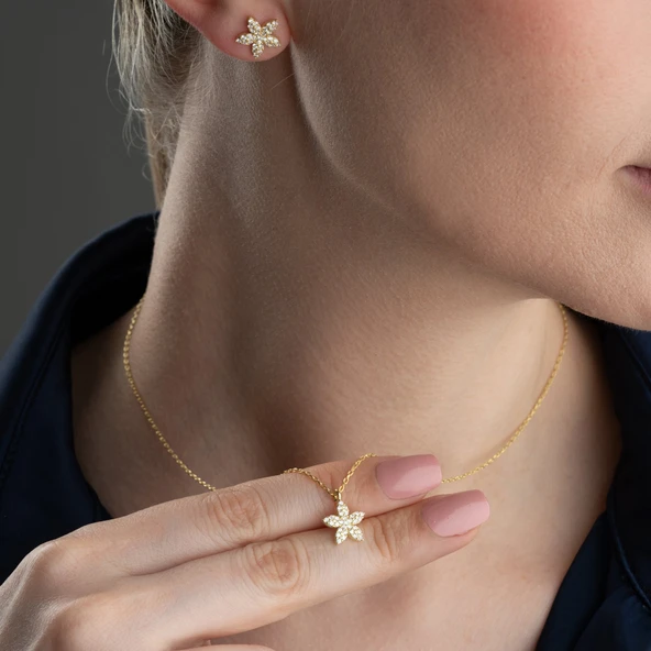 Vaoov 925 Ayar Gümüş Minimal Taşlı Çiçek Set - Resim 2