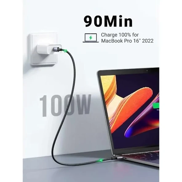 UGREEN USB-C 100W 5A QC PD Örgülü Hızlı Şarj Kablosu, 1 Metre, Beyaz, 35220 - Resim 2
