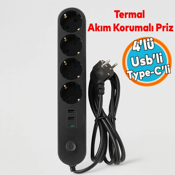 Akım Korumalı Topraklı Golyat Grup Şarj Fiş Priz 4 Prizli 3 USB Girişli 2 Metre Uzatma Kablosu ürün görseli