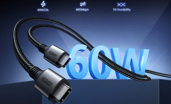 UGREEN USB-C 60W 3A QC PD Örgülü Hızlı Şarj Kablosu, 2 Metre, Siyah, 15374 - Resim 2