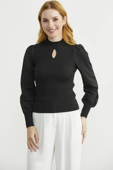 Dik Yaka Balon Kol Triko Kazak - Siyah - Resim 3