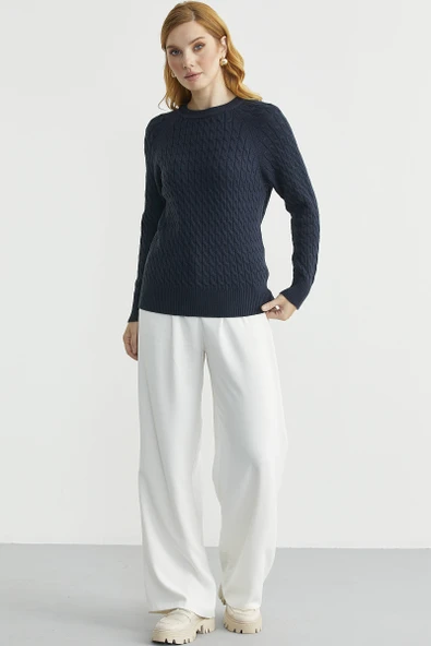 Saç Örgü Motifli Yuvarlak Yaka Triko Kazak - Lacivert - Resim 2
