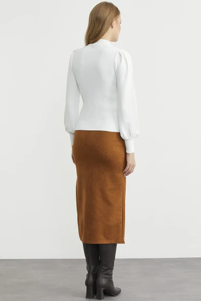 Dik Yaka Balon Kol Triko Kazak - Kemik - Resim 6