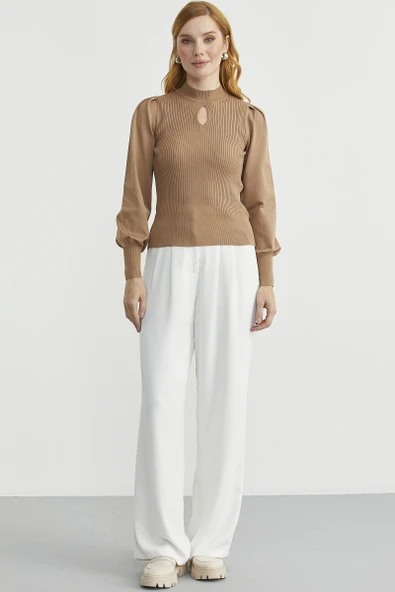 Dik Yaka Balon Kol Triko Kazak - Kamel - Resim 2