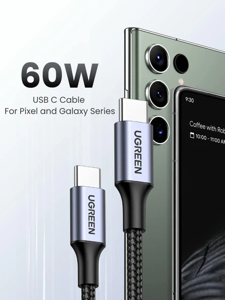 UGREEN USB-C 60W 3A QC PD Örgülü Hızlı Şarj Kablosu, 0,5 Metre, Siyah, 50149 - Resim 2