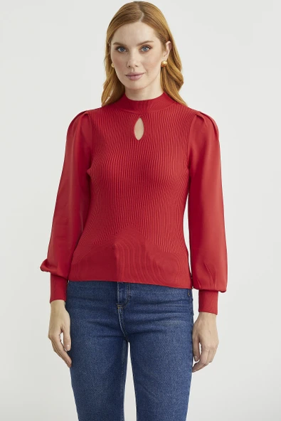 Dik Yaka Balon Kol Triko Kazak - Kırmızı ürün görseli 1