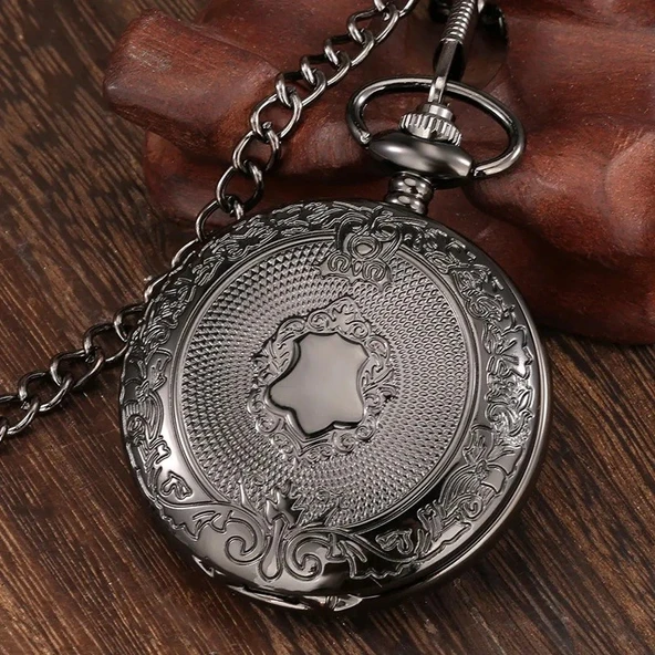 Siyah Oymalı Desenli Lüx Zincirli Köstekli Cep Saati - Resim 3