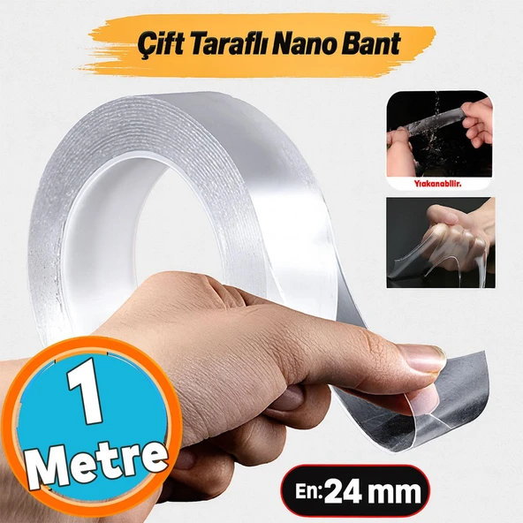 Şeffaf Çift Taraflı Nano Silikon Bant Güçlü Yapışkan 24 mm x 1 m Dayanıklı Kolay Yıkanabilir ürün görseli 1
