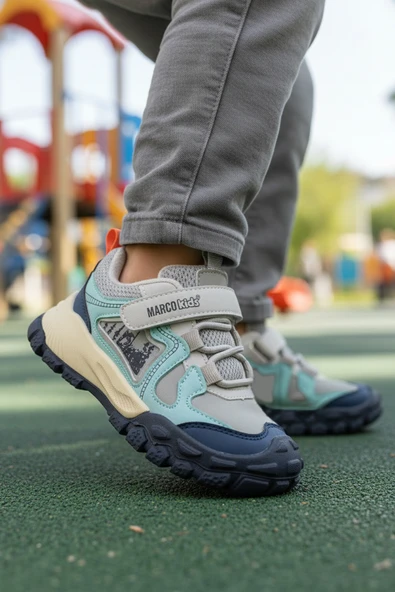 Marcokids Gri Cırtlı Hafif Esnek Kaymaz Erkek Çocuk Spor Ayakkabı 22678 P - Resim 3