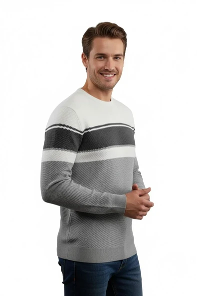 Erkek Sıfır Yaka Kazak Petek Örgü Klasik Kalıp 5244C BGL-ST04861 - Resim 5