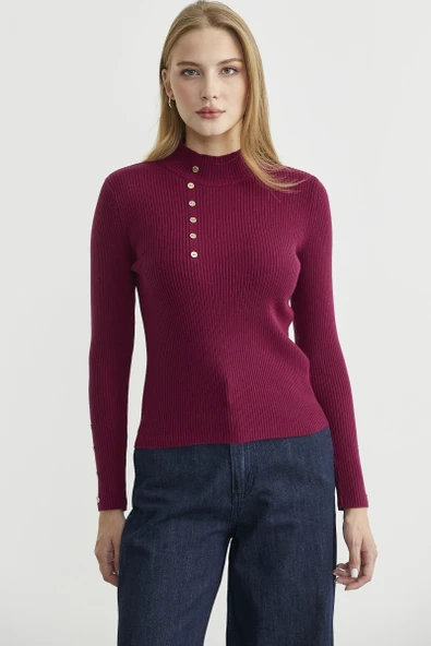 Fitilli Dik Yaka Basic Triko Kazak - Bordo ürün görseli