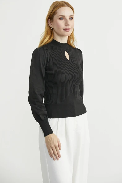 Dik Yaka Balon Kol Triko Kazak - Siyah - Resim 4