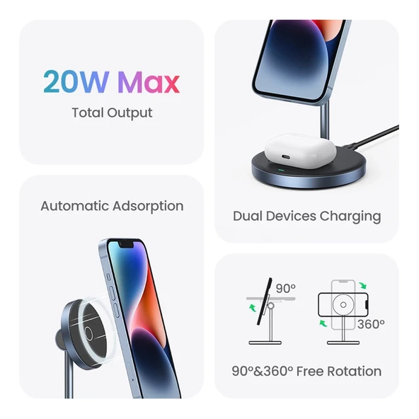 UGREEN 2-in-1 20W MagSafe Telefon Standı Kablosuz Wireless Şarj Özellikli, 90668 - 4