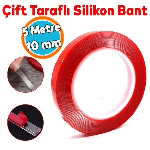 Çift Taraflı Silikon Bant Montaj Bandı Şeffaf 10 mm x 5 Metre Güçlü Çok Amaçlı Yapıştırıcı 1 Adet ürün görseli