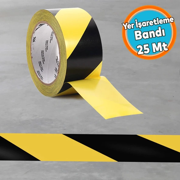 Sarı-Siyah Yer İşaretleme Bandı Pvc Emniyet Zemin İkaz Bant 50 mm x 25 MT ürün görseli