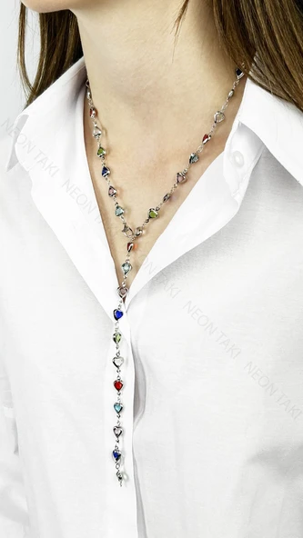 Y Kolye, Taşlı, Çok Renkli, Kalpli, Kolye 433, Kasa Gümüş Renk - 2