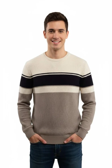 Erkek Sıfır Yaka Kazak Petek Örgü Klasik Kalıp 5244C BGL-ST04861 - Resim 3