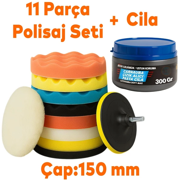 Polisaj Süngeri Seti + 300 Gr Cila 150 mm Matkap Uyumlu Oto Seramik Wax Pasta Cila Parlatma Pedi