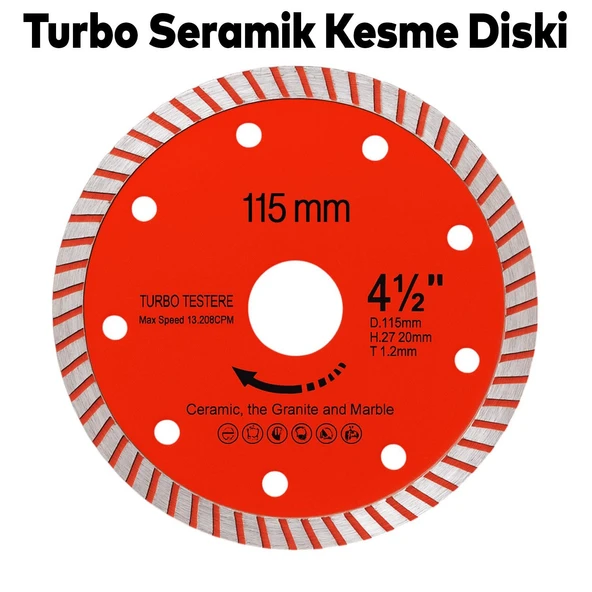 Turbo Elmas Testere Turbo Kesim Kesici Çapaksız Hassas Seramik Mermer Granit Diski 115 mm 4.5 İnç ürün görseli