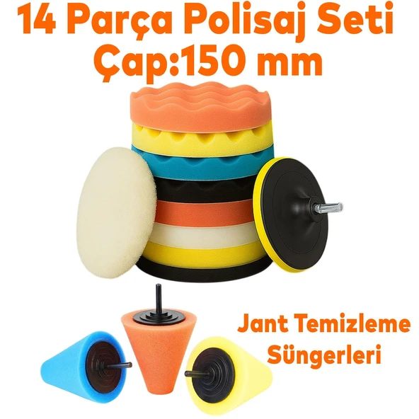 Polisaj Süngeri Seti 14 Parça Jant Parlatma Pedi Matkap Uyumlu Oto Wax Büyük Boy Pasta Cila 150 mm