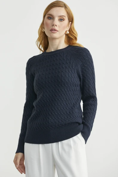 Saç Örgü Motifli Yuvarlak Yaka Triko Kazak - Lacivert - Resim 5