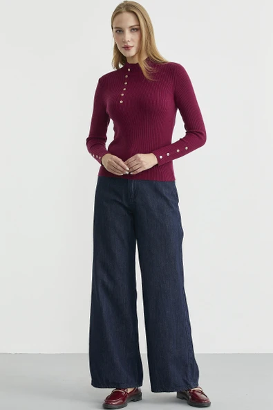 Fitilli Dik Yaka Basic Triko Kazak - Bordo - Resim 4