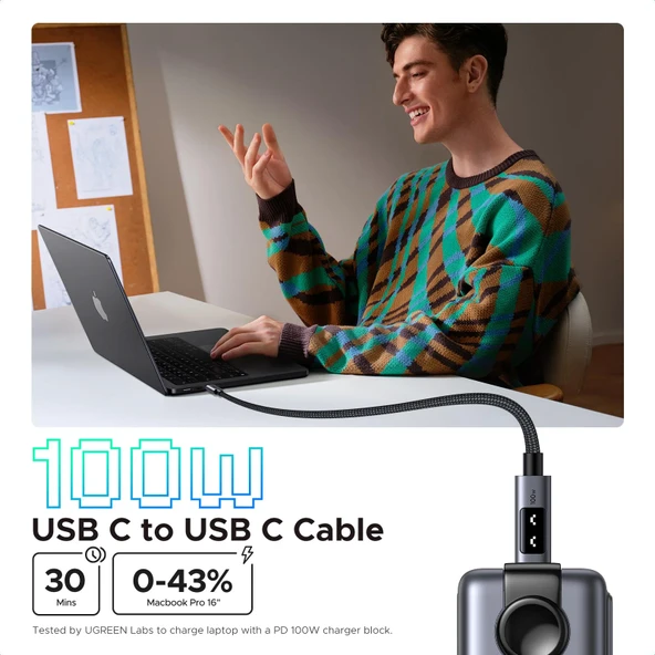 UGREEN Uno USB-C 100W 5A QC PD Örgülü Hızlı Şarj Kablosu, 1 Metre, Siyah, 35501 - Resim 2